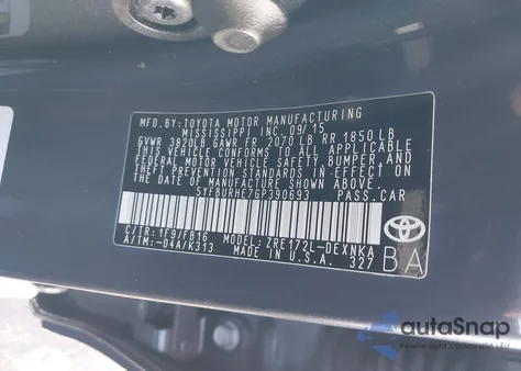 2016 Toyota Corolla Le из США, поврежденный, VIN 5YFBURHE7GP390693